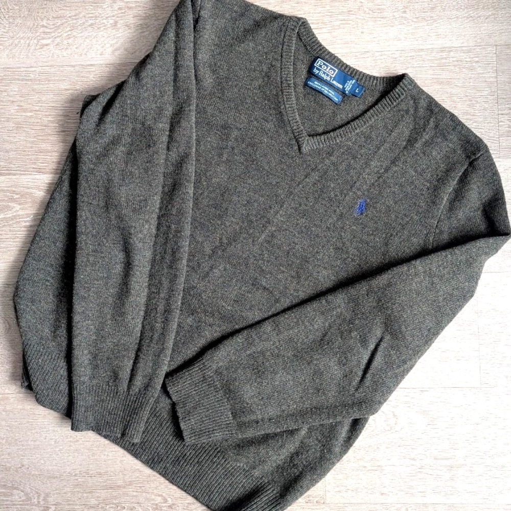 POLO RALPH LAUREN 100% Lambswool Men's L V-Neck Sweater Olive Green